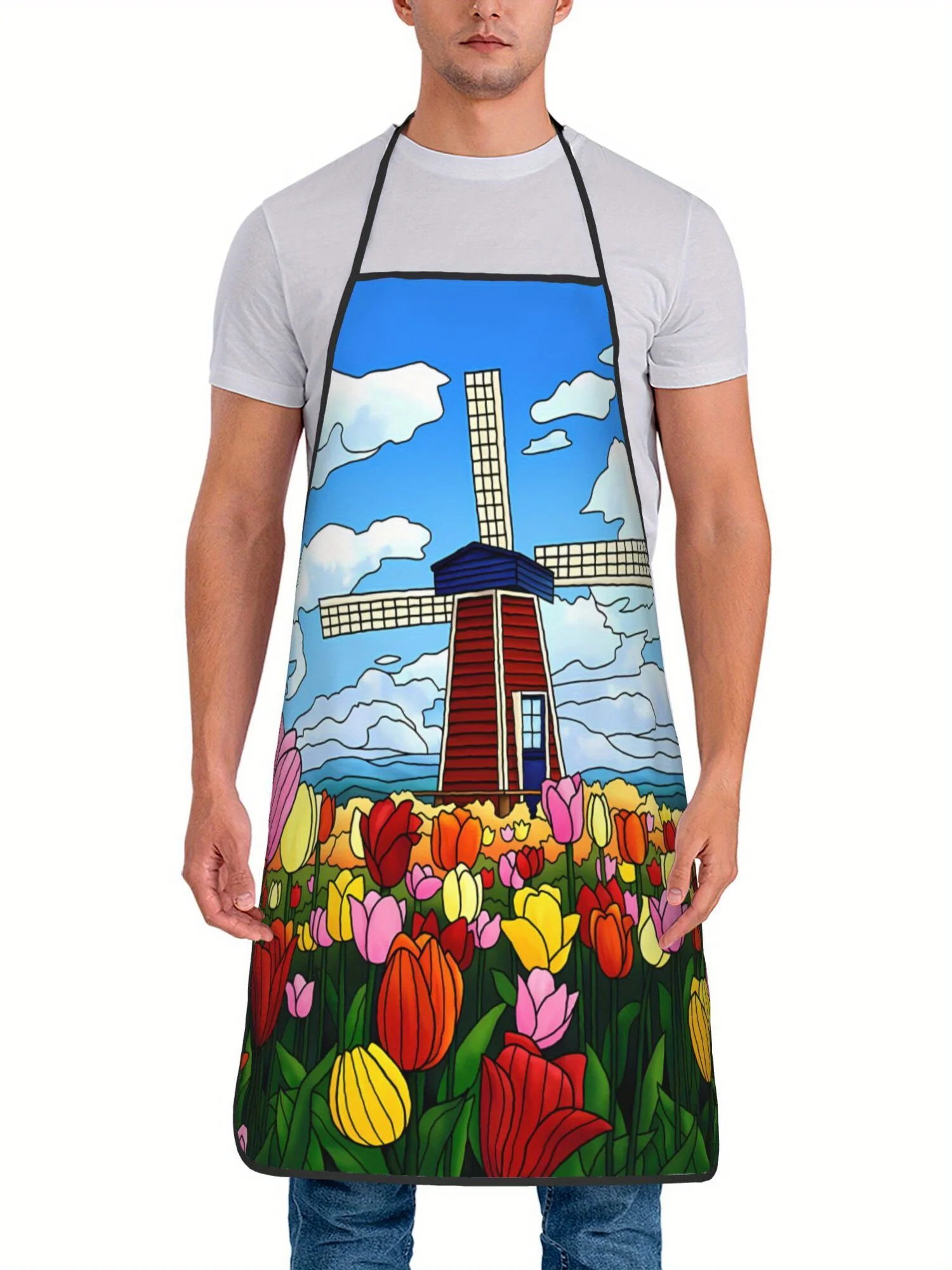 1 Piece Windmill and Tulip Apron with Colorful Dutch Landscape Retro Design, Unisex, Suitable for Crafts, Baking, Painting, Cleaning, Cooking, Chef, Waiter, Cafe, Barbecue Restaurant Apron, 21.7× 28.7inch , Perfect Holiday Gift for Family and Friends