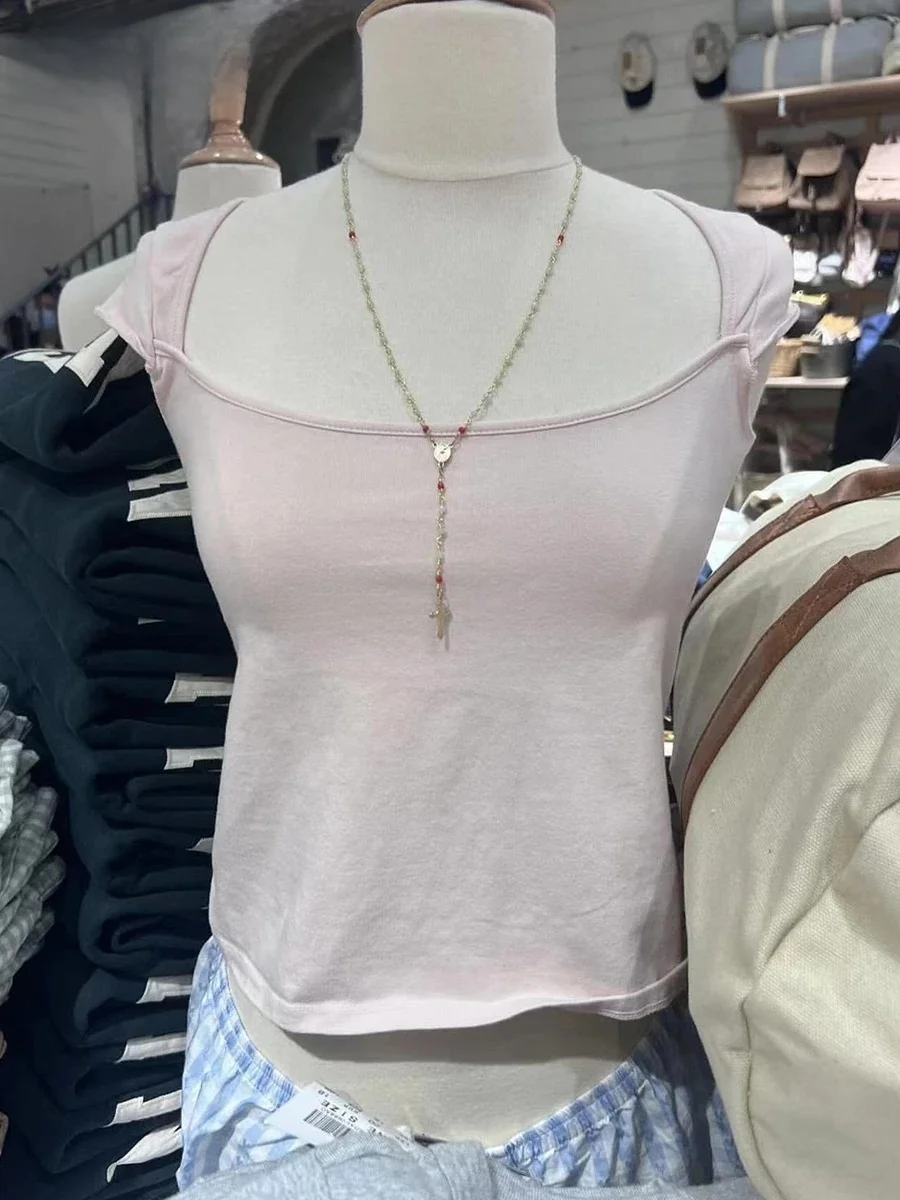 New Sweet Pink Cotton Crimping Short Sleeve Tees Women Summer Casual Simple Square Collar Crop Tops Vintage Basic Y2K T-shirts — zdjęcie 2