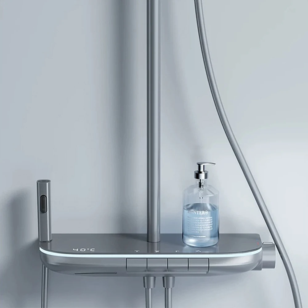 Thermostatic Shower System Digital Display Piano Button Ambient Light 320mm Rain Shower Head Glass Shelf Bidet Spray Gun Set
