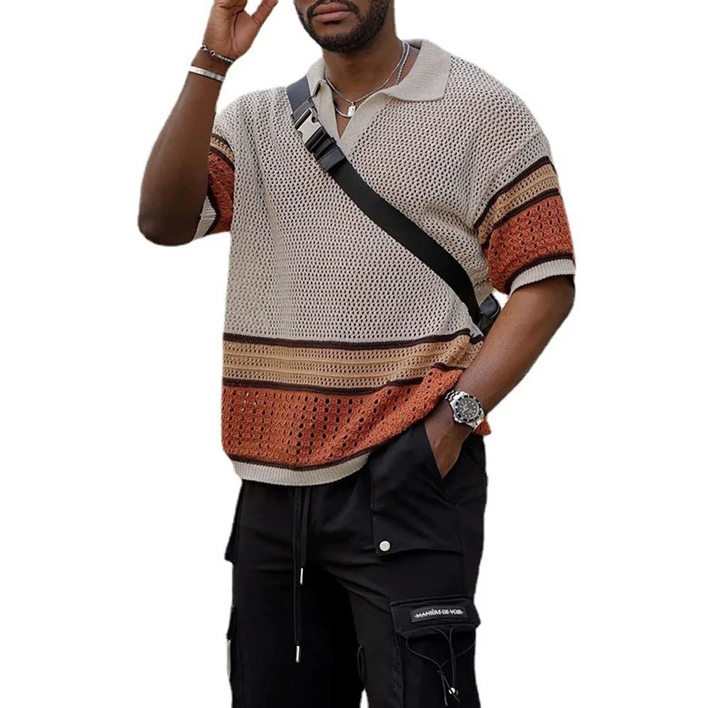 

Men's Knitted Polo Shirt Summer Short-Sleeve Hollow-Out Breathable Color-Blocked Casual Loose Top 2026 New
