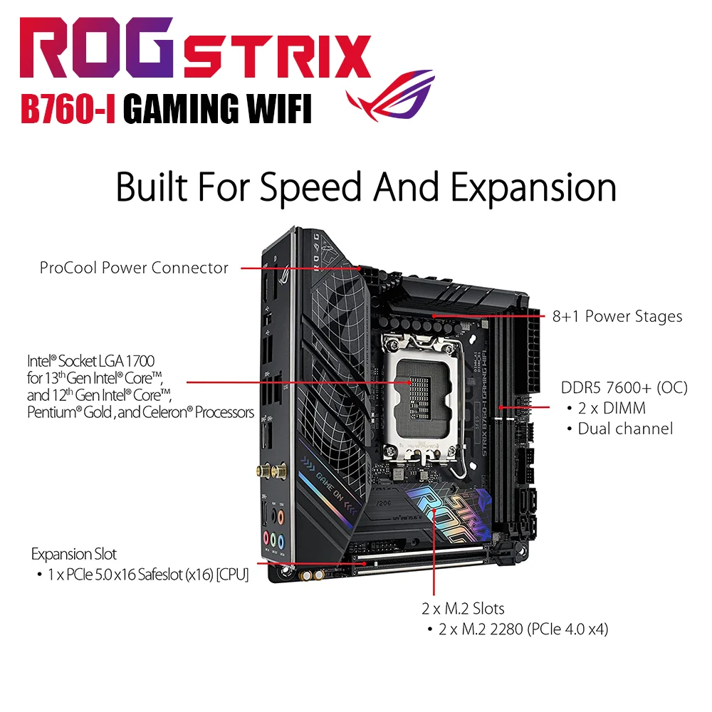 Материнская плата ROG STRIX B760-I GAMING WIFI DDR5 LGA1700, системная плата Mini-ITX, 64 ГБ, 7600(OC), Поддержка Intel 12-го 13-го поколения, i5 i7 i9 Kit RGB PCIE 5.0 USB для настольных ПК геймеров