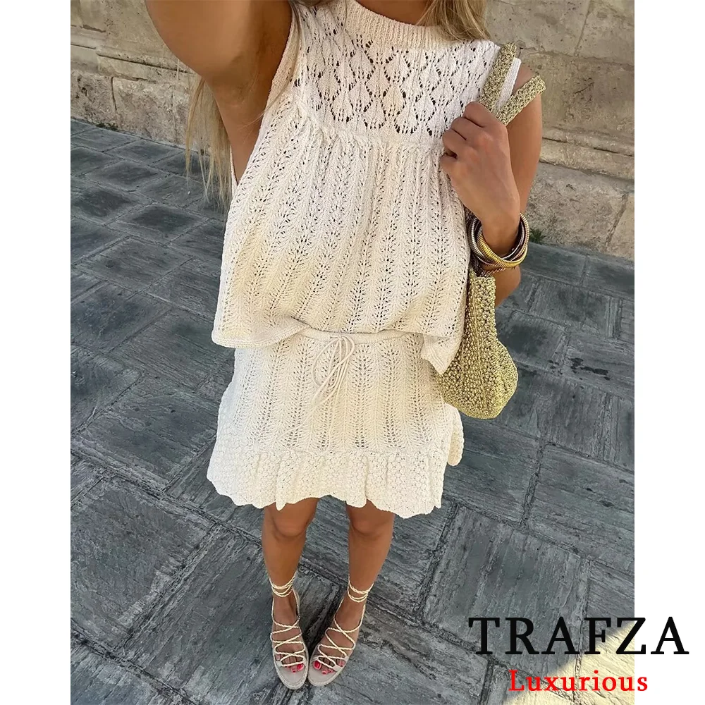 TRAFZA Casual Knit Women Sets O Neck Sleeveless Loose Sweater+High Waist Ruffles Mini Skirts Hollow Out Fashion 2024 Autumn Sets