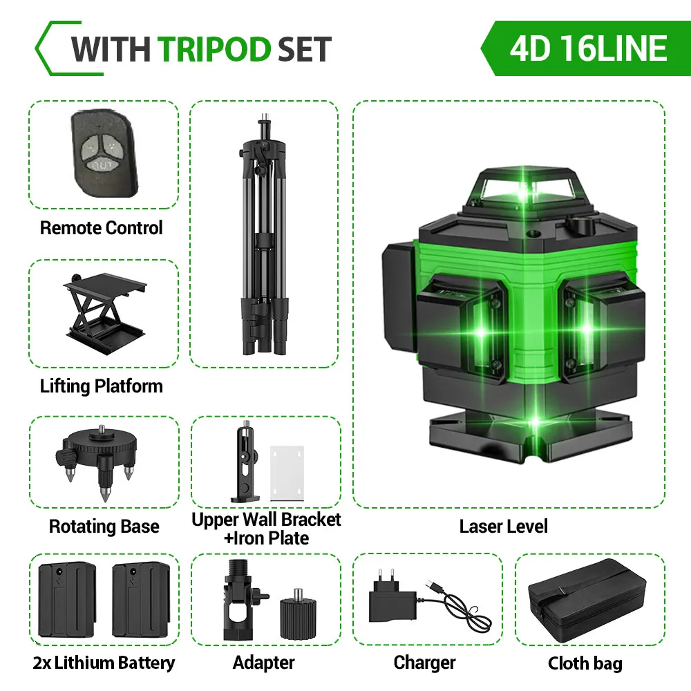 4D-Ebenen, 16 Linien, 360 Grad ° Selbstnivellierende Laser-Nivelliergeräte mit Stativ und Koffer, ein professionelles Werkzeug für horizontale und vertikale Nivellierung.