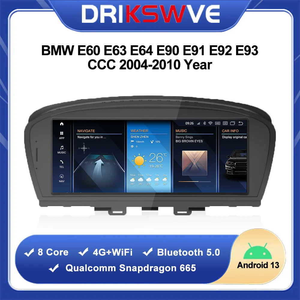 DRIKSWVE Android 13 Auto and CarPlay Screen with Snapdragon 665 8 Core 8.8-inch for BMW E60 E63 E64 E90 E91 E92 E93 CCC System