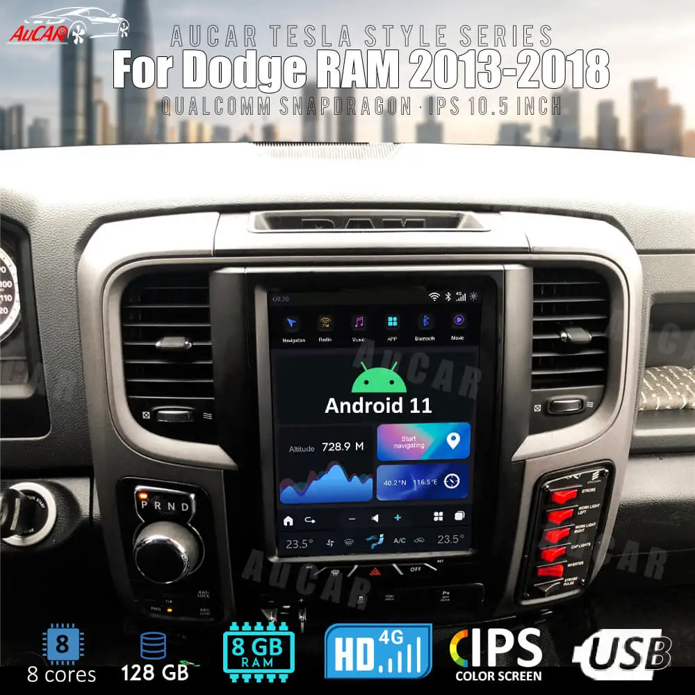 AuCar 10.5inch Android 11 Car Radio Head Unit GPS Navigation Auto Stereo CarPlay For Dodge Ram 2013-2018 Multimedia Video Player