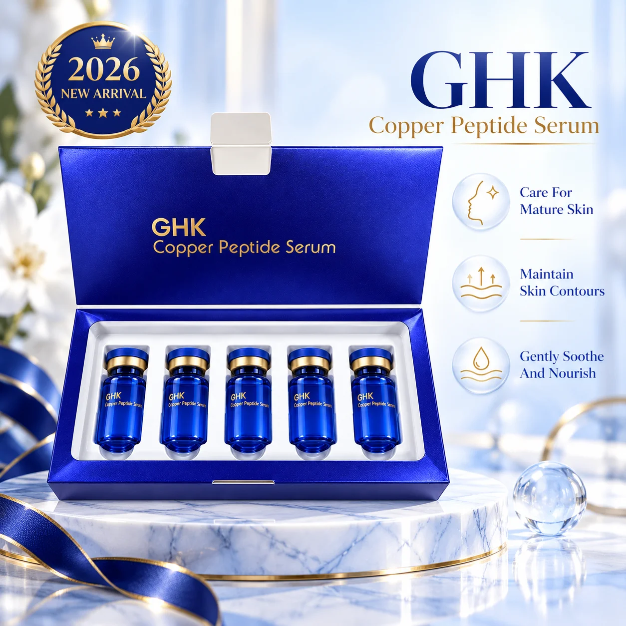 SANENDI Korean GHK Blue Copper Peptide Serum Facial Ampoule Hydrating Nourishing Korean Skin Care Essence 5vials/Box