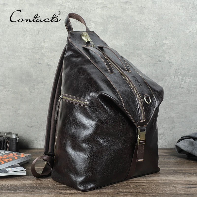 

CONTACT'S Genuine Leather Men's Backpack Password Design Luxuxry Laptop Backpack Travel Bag High Quality College Schoolbag