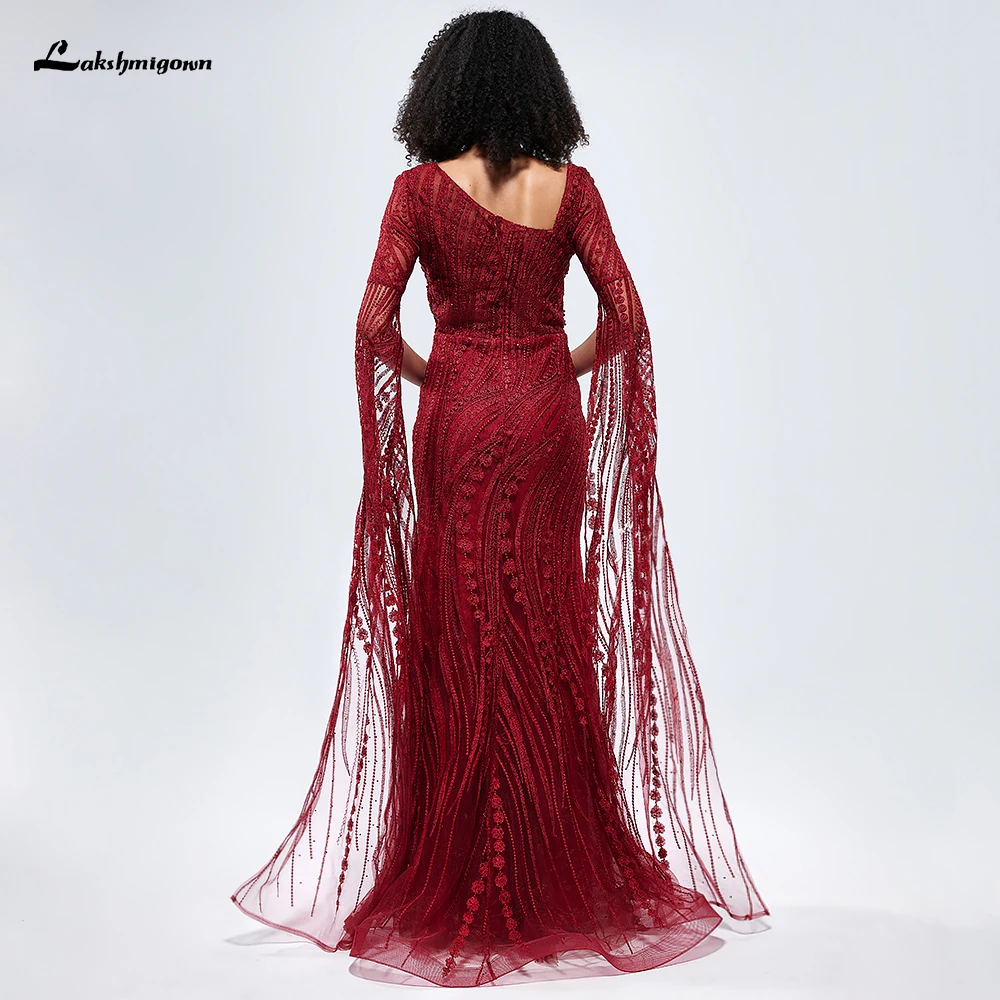 Lakshmigown Elegant Burgundy Mermaid Evening Dresses with Long Sleeve Dubai Luxury Crystal Women Wedding Formal Party Dres