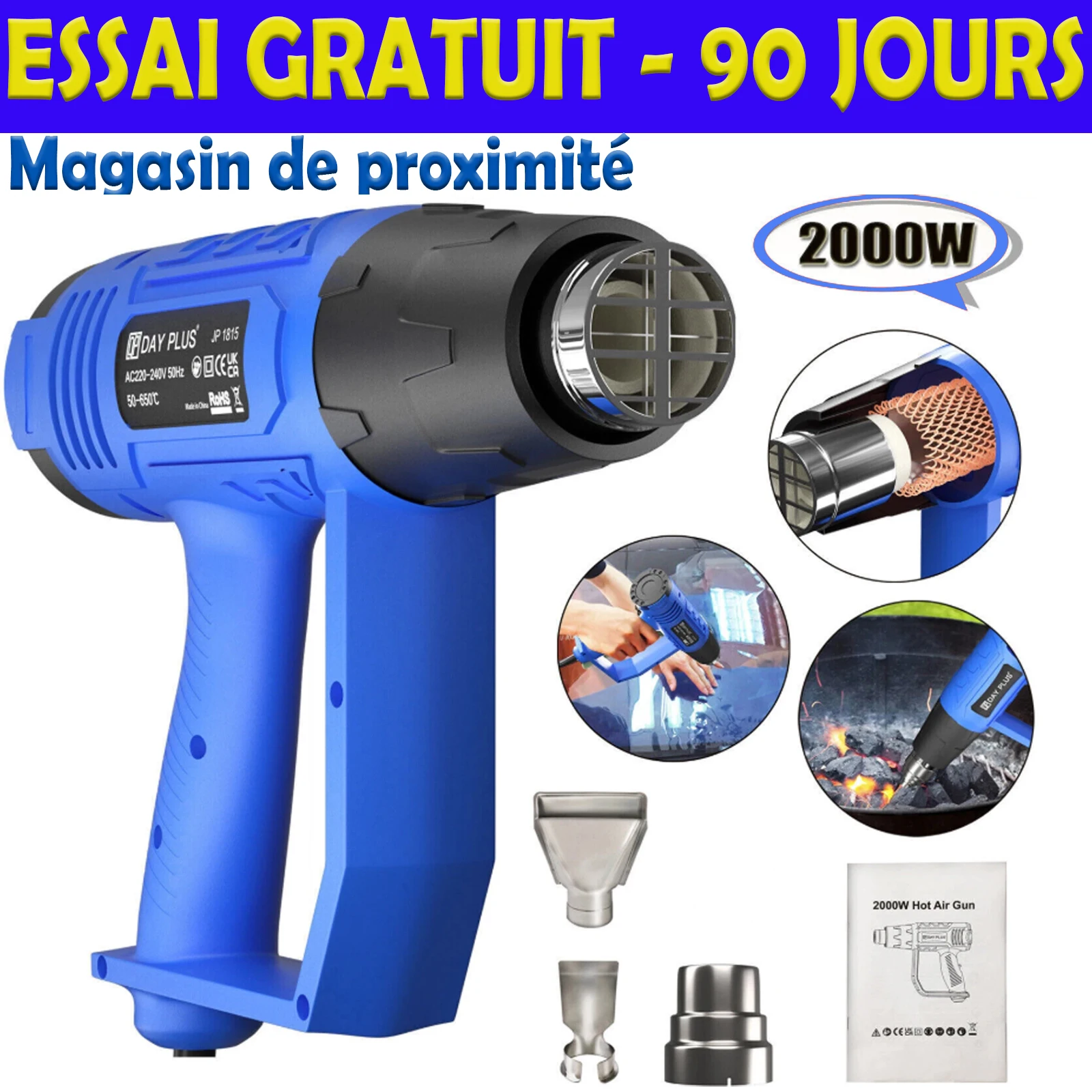 2000W Heißluftpistole mit zwei Temperaturstufen, Heißluftgebläse 300 ℃ - 600 ℃   mit 3 Düsen, Überlastschutz für Bastelarbeiten, DIY, Epoxidharz, Schrumpffolie, Prägung (blau)