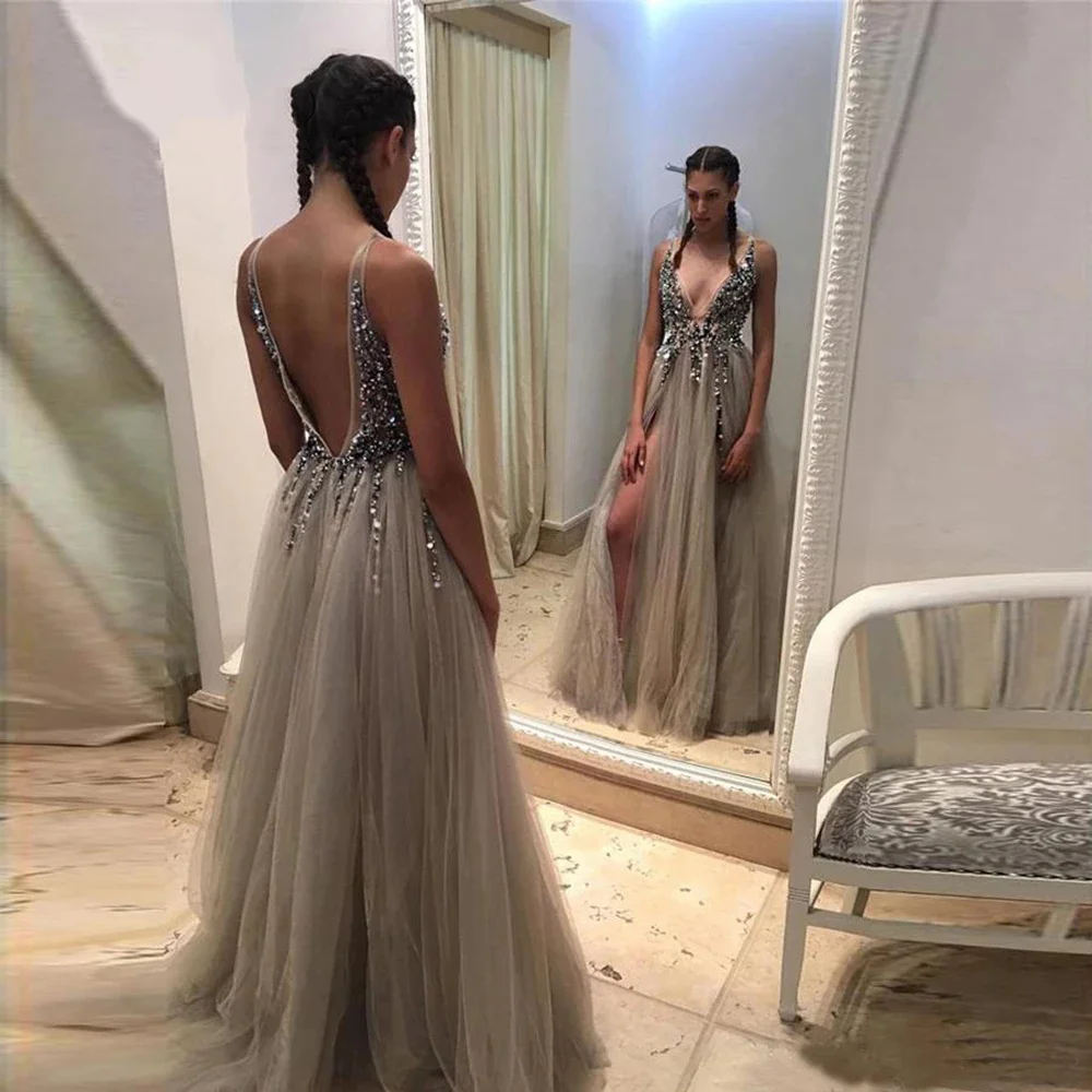 Customized A-Line Prom Dresses Long Light Gray High Split Tulle Sweep Train Sleeveless Evening Gowns Backless Robe De Soirée