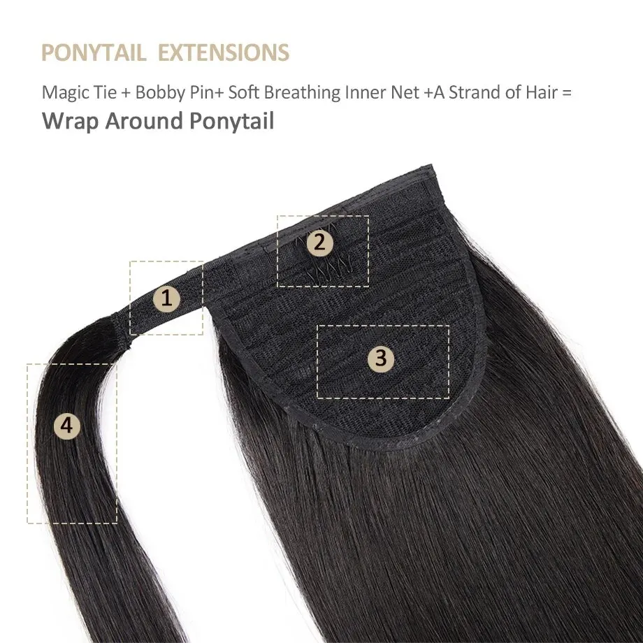 Ponytail Extensions 100% Human Hair With Clip In Magic Paste Invisible Ponytails Wrap Around Soft Straight Ponytail Extensions