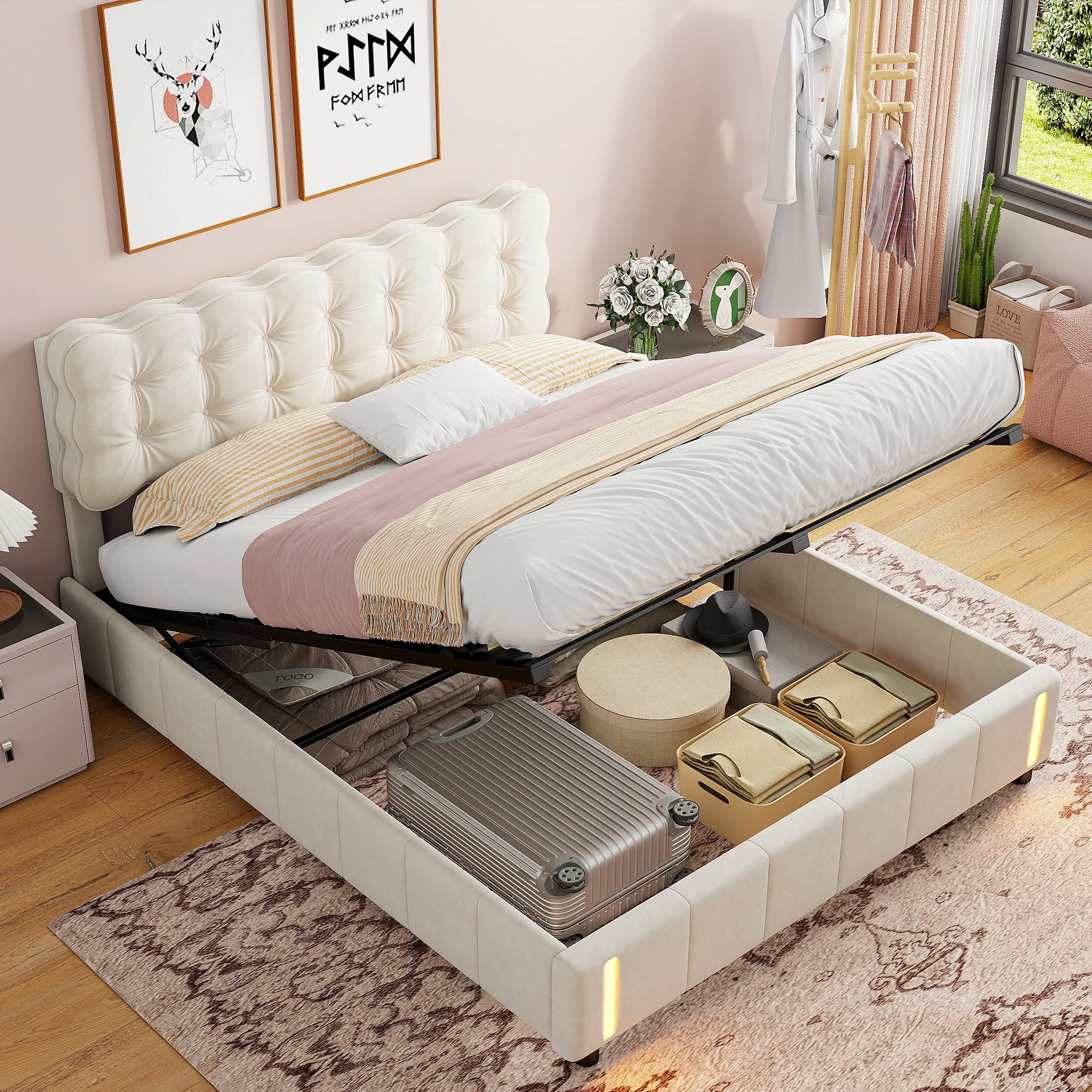 Superaly, lit rembourré 160×200 cm, lit hydraulique, lit double avec rangement, bande lumineuse au pied du lit, grand lit pour chambre principale, velours, beige, matelas non inclus