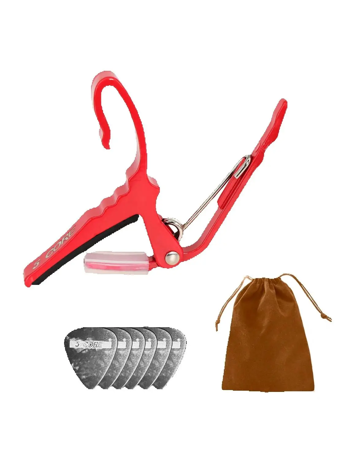 

5Core Capo Acoustic Electric Guitar String Clip + 6Pcs Guitar Picks Celluloid + Carry Bag CAPO AL RED