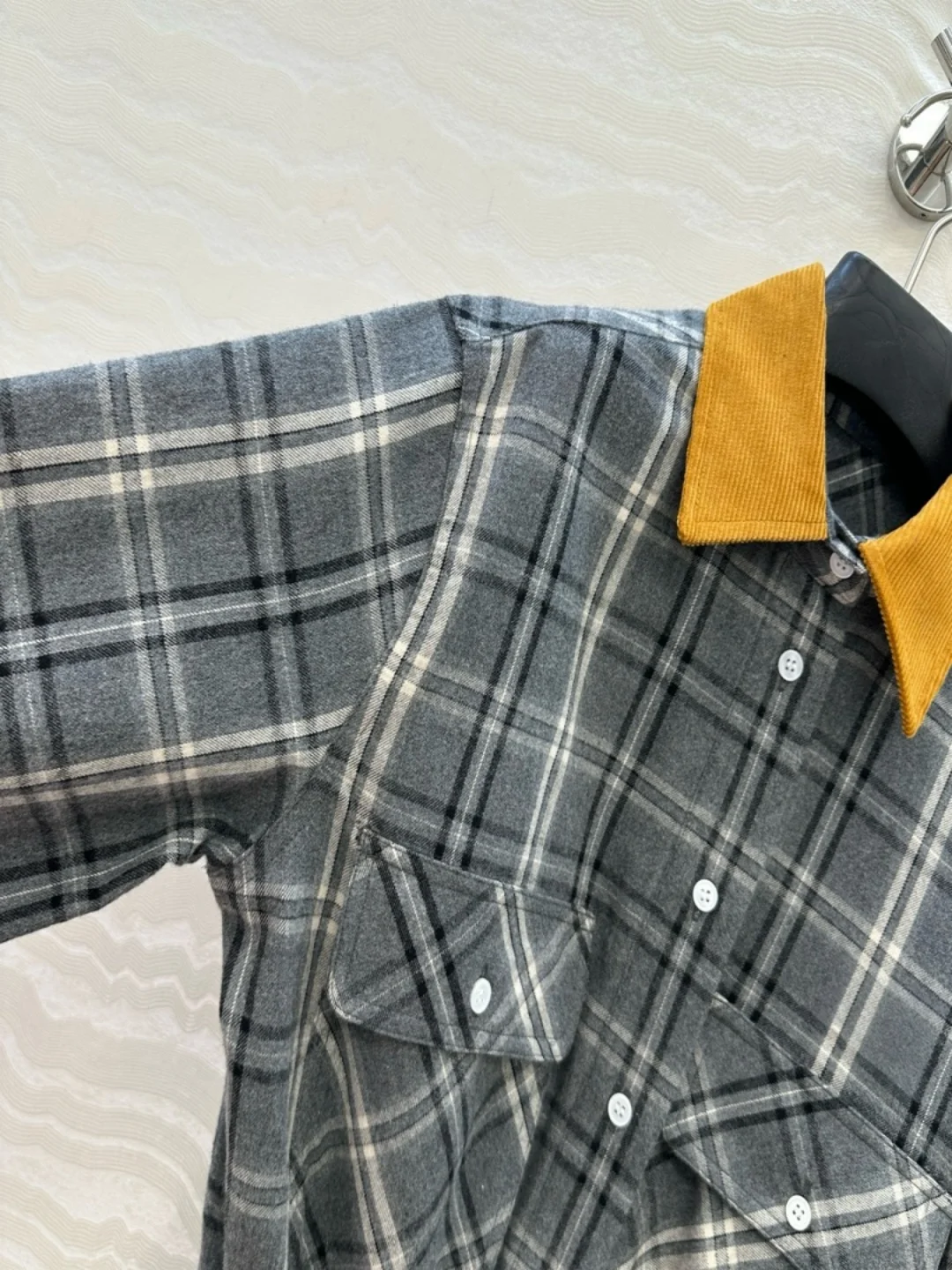 فستان قميص منقوش للنساء، ياقة سروال قصير بجيب كارجو، خصر مطاطي، مزيج من الصوف على شكل حرف A، رمادي عتيق، أنيق بريبي، #4