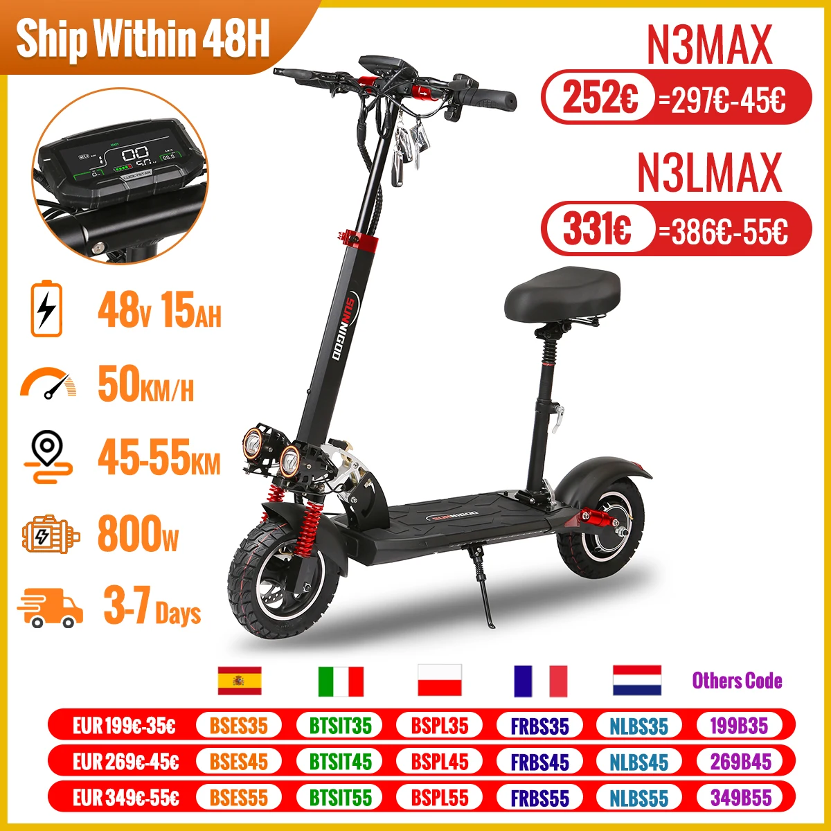 Sunnigoo N3max 48V 13Ah 800W Potente Patinete Eléctrico De 800W, 48V, 15Ah, Velocidad Máxima, 50 Km/H, Alcance De 50Km, Neumáticos De 10 Pulgadas, Patinete Plegable Con Doble Absorción De Impacto Para Adultos
