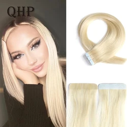 QHP Tape Hair Extensions Remy Human Hair Machine-made Remy Double Sided Adhesive Tape Extensions Hair 20pcs/pack Hair Skin Weft