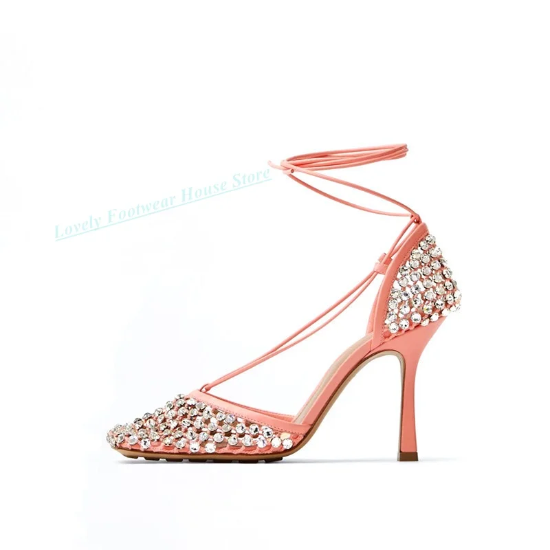 

Woman Perforated Mesh Shallow Opening Square Toe and Rhinestone Thin High-heeled Sandals Female Lace Up Crystal Sandal Shoes