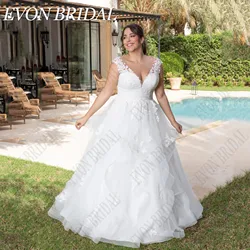 EVON BRIDAL Cap Sleeves Oversize Wedding Dreses For Woman V-Neck Applique Bride Party Gowns A-Line Tiered Robe De Mariée 2024