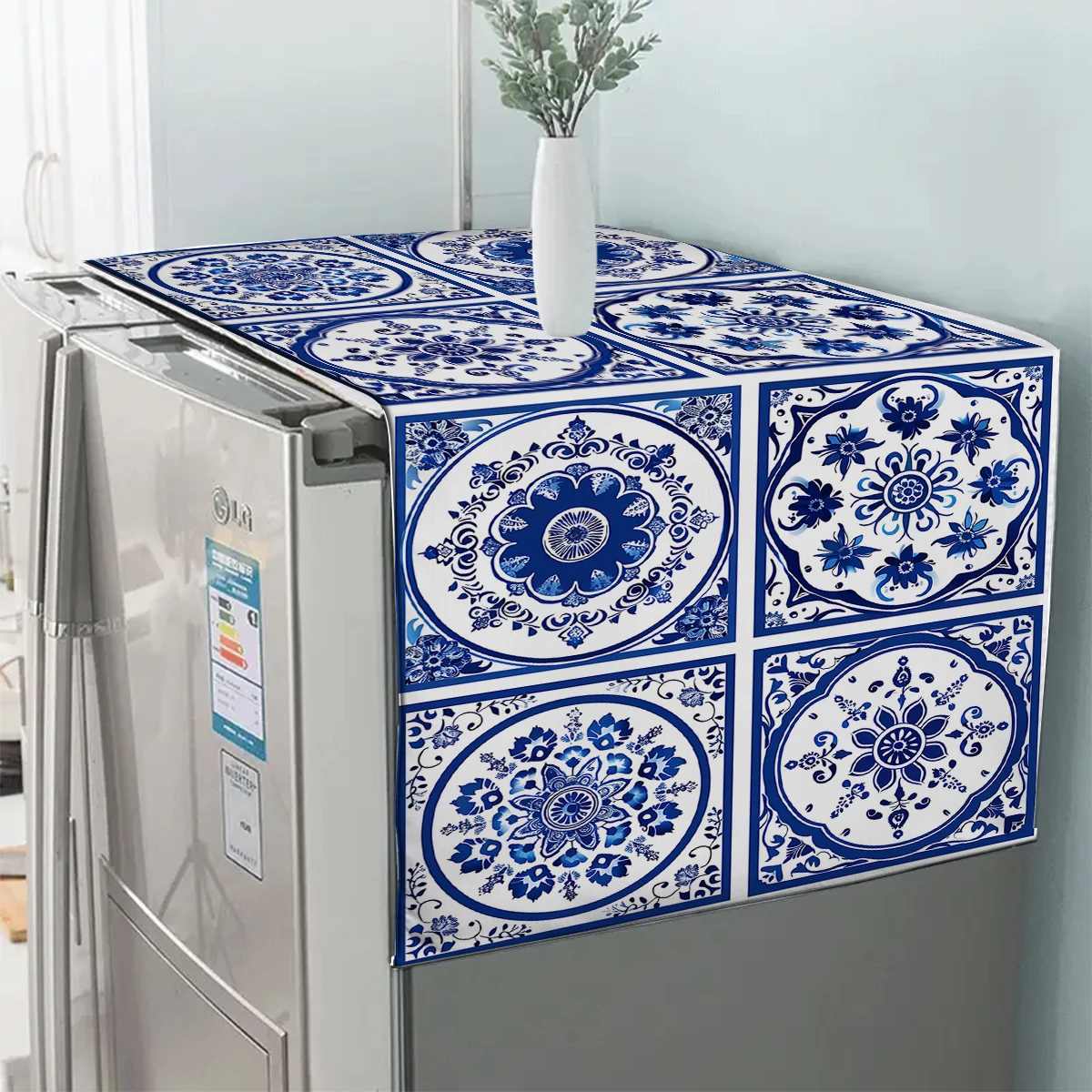 Blue White Turkish Tiles Design Refrigerator Dust Cover Washable Printing Washing Machine Cabinet Dust Protection Cover