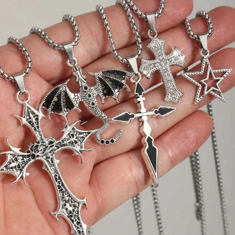 5Pcs Gothic Pendant Necklace Set Dragon Wing Cross Water Diamond Cross Dagger Hollow Star Necklace Dark Jewelry