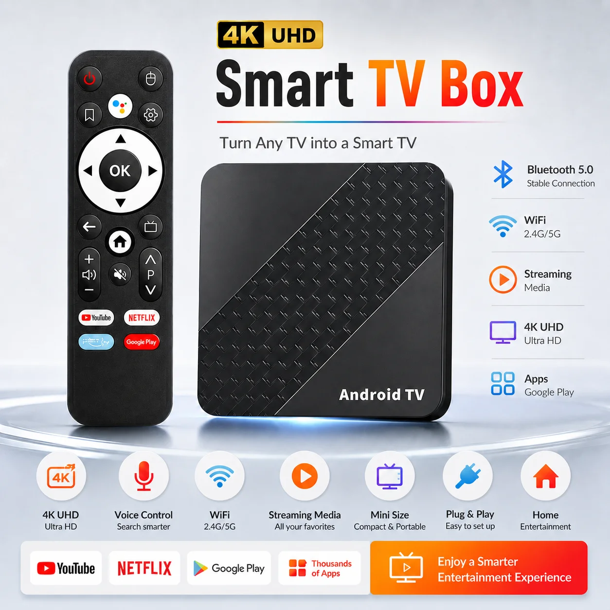 

Android 16 TV Box 4K Smart Set Top Box WiFi 2.4G 5G Bluetooth 5.0 HDMI Media Player Voice Control Remote Google Play Streaming