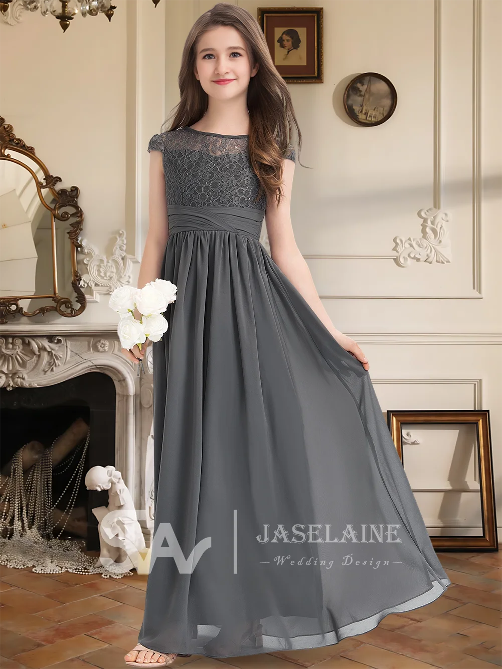 

B Kids A Line Scoop Floor Length Lace Chiffon Junior Bridesmaid Dress Short Sleeve Flower Girl Dress Wedding Party Formal