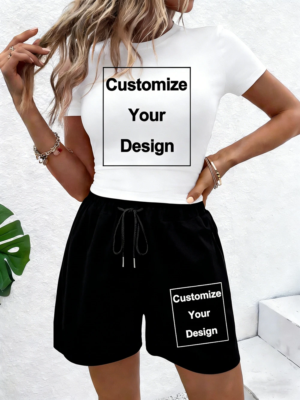 Womans Custom Crop T-Shirts Pants Summer Two Pieces Set Street Oversized Knee Length Shorts High Elastic Soft Slim O-Neck Tops