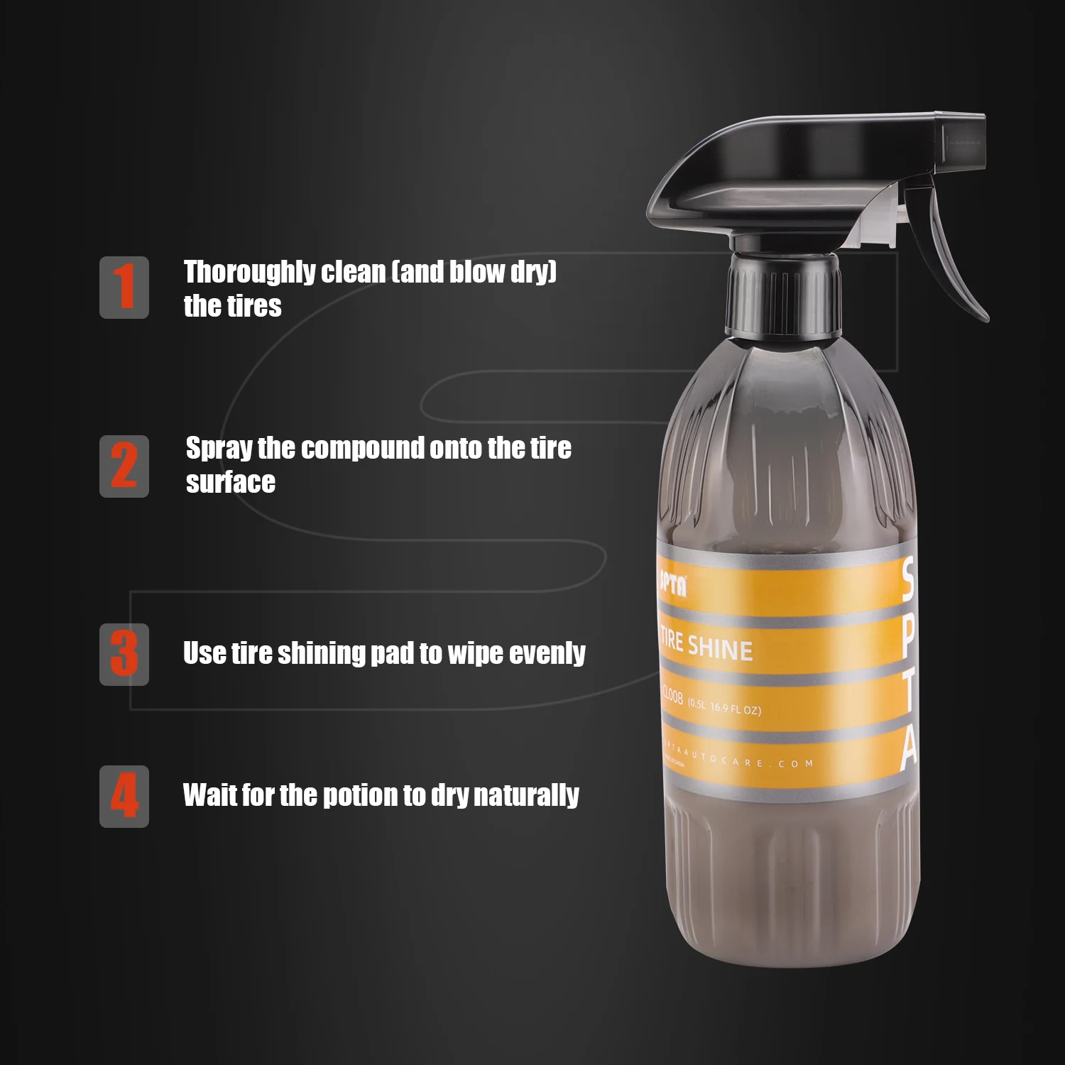 SPTA Tire Shine Kit 16 oz Tire Shine Spray with Tire Gel Sponge Applicator for Tire Cleaning Rubber Glossy