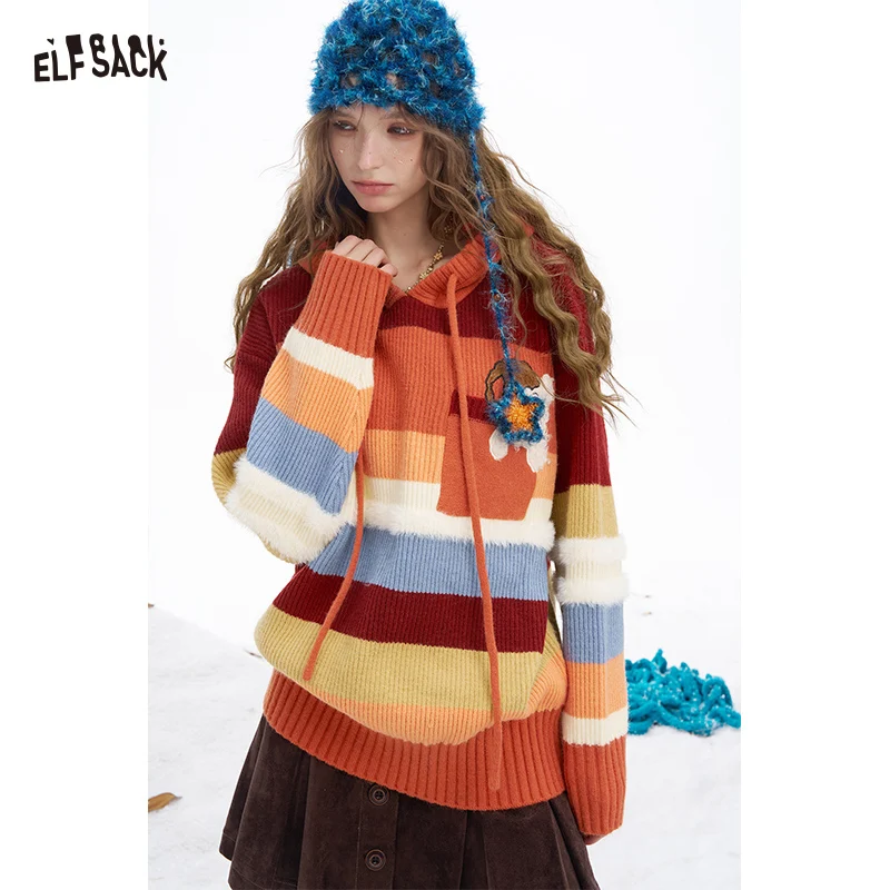 

ELFSACK 2025 Winter New Arrivals Y2K Preppy Casual Warm Tone Stripe Animal Graphic Hooded Sweater For Women