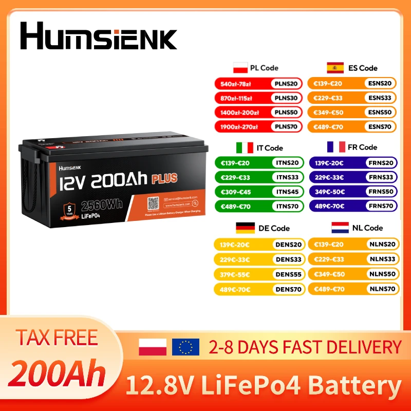 Humsienk 12V 200Ah LiFePO4 Batterie, 12 Volt Lithium-Trollingmotor-Batterie 2560Wh mit Niedertemperaturschutz, bis zu 15000 Tiefentladungszyklen, integriertes 250A BMS für Marine, Boote, Wohnmobile &