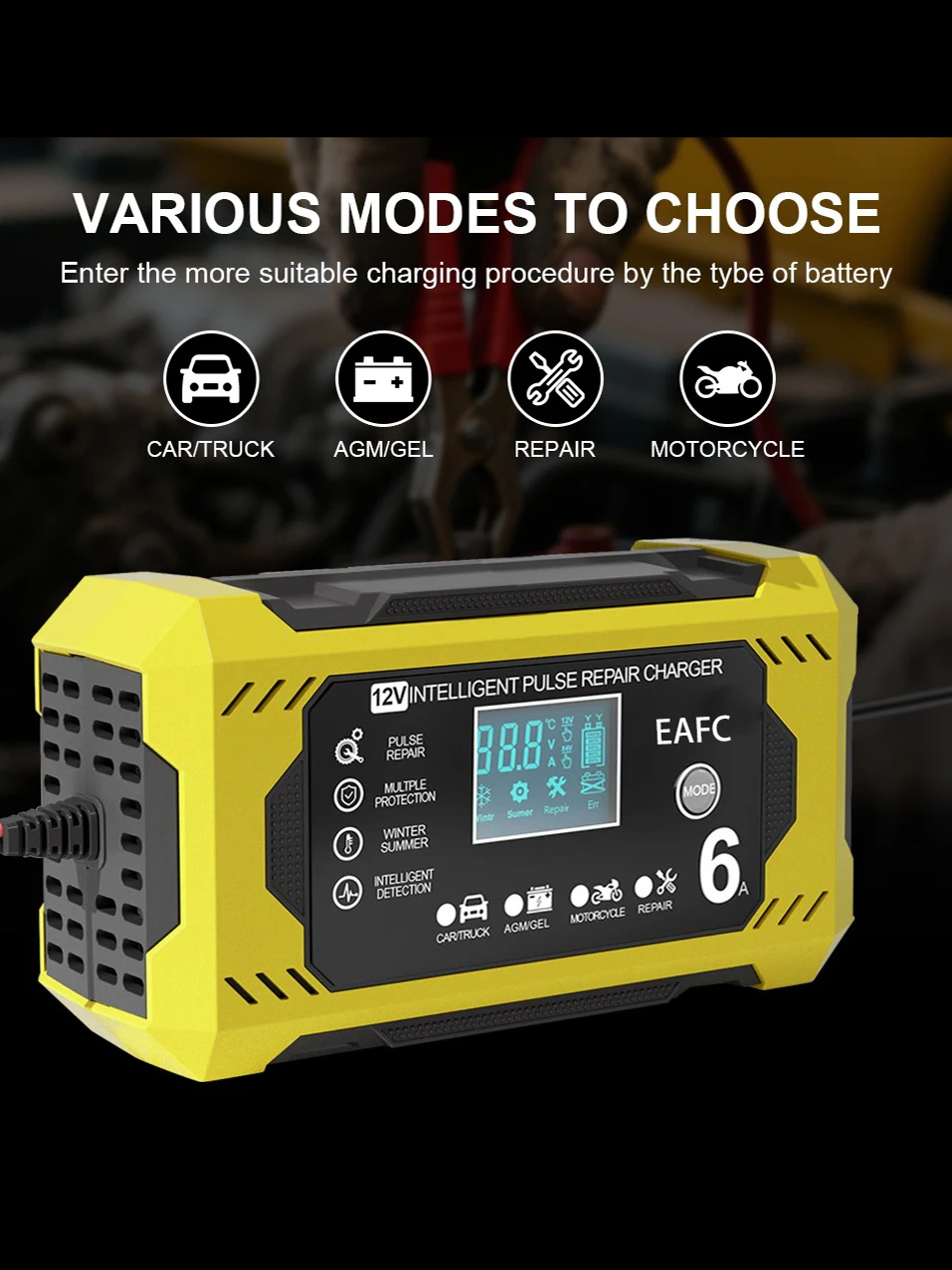 EAFC Autobatterieladegerät 6A 12V Auto- und Motorradbatterieladegerät Blei-Säure-Batterie Smart Repair LCD-Display