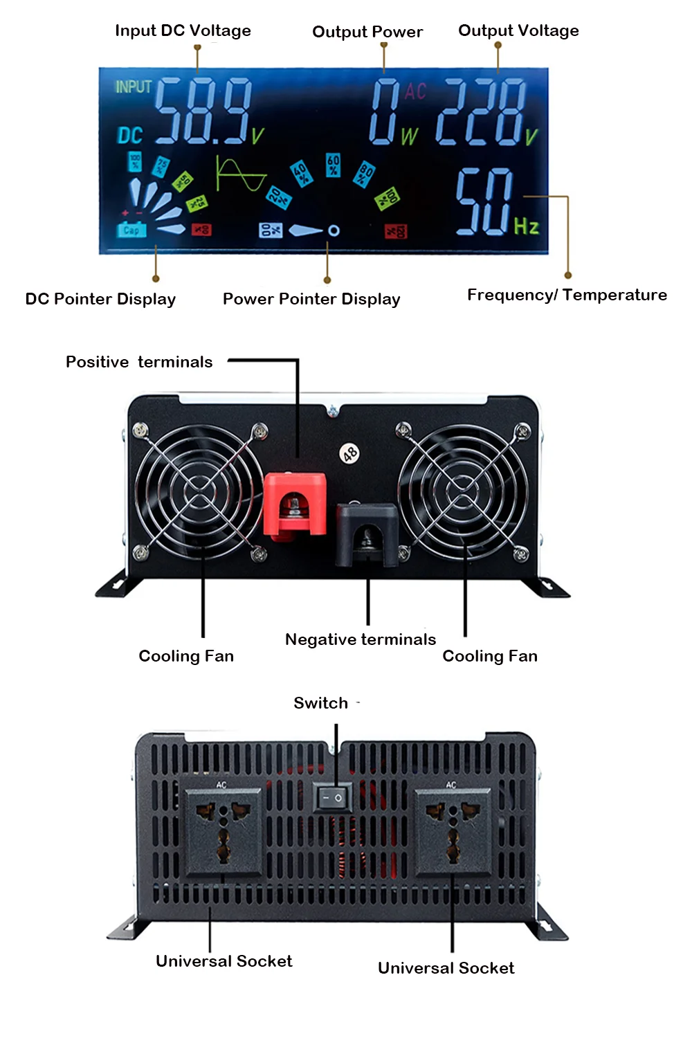 220V Portable Pure Sine Wave Solar Hybrid Inverter Peak Power 6600W, Continue Power 3300W, DC12V 24V 48V 60V 72V 96V To AC220V