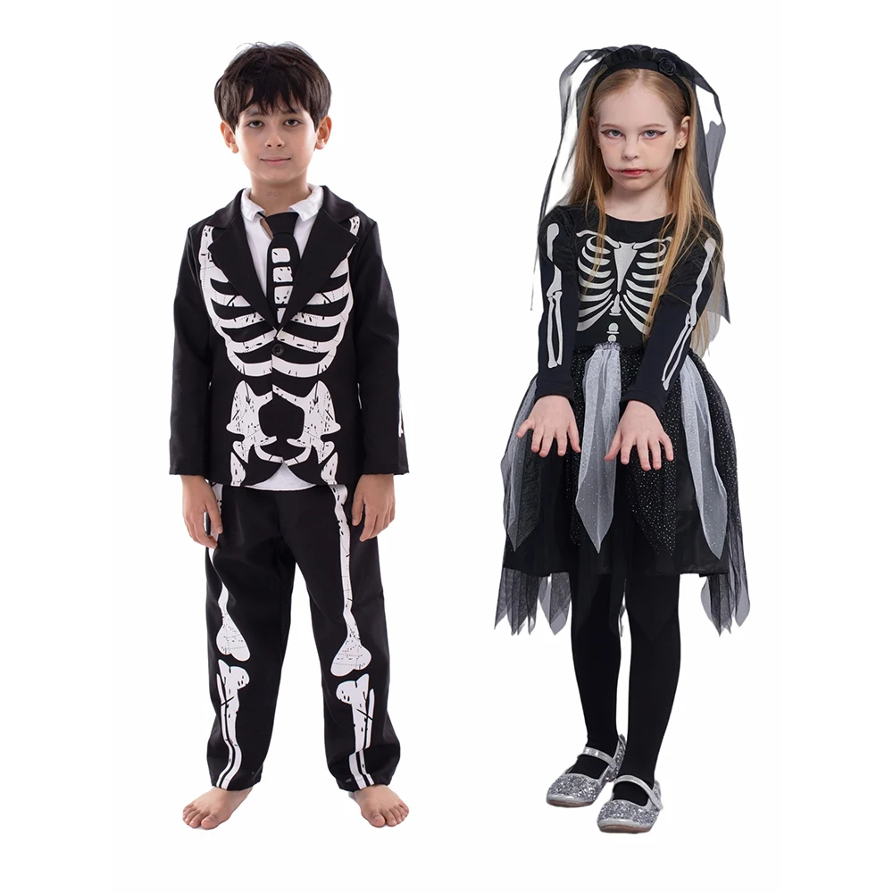 Kids Glow in The Dark Skeleton Costumes for Boys Halloween Fancy Dress Up White Vampire Costume Girls Skeleton Ghost Costume