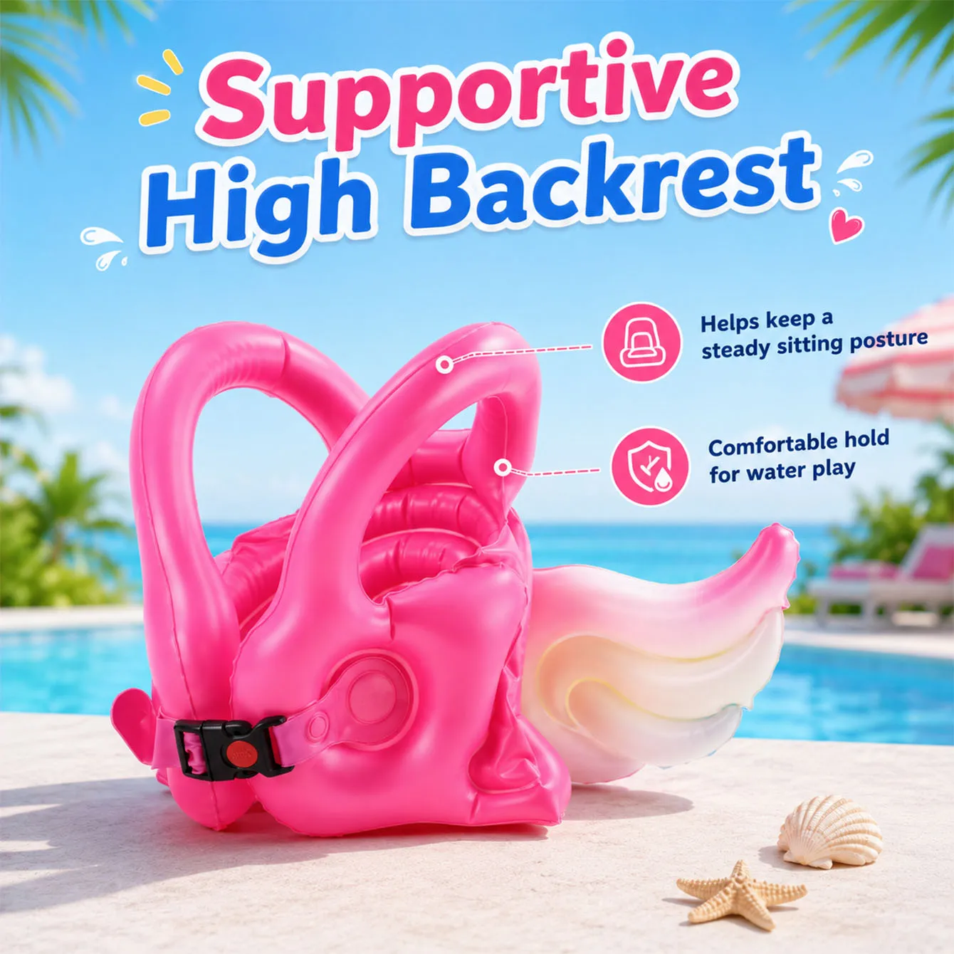 1PC Inflatable Pink Angel Wing Swim Float Seat with Backrest Adjustable Buckle Pool Float Summer Water Play Accessories