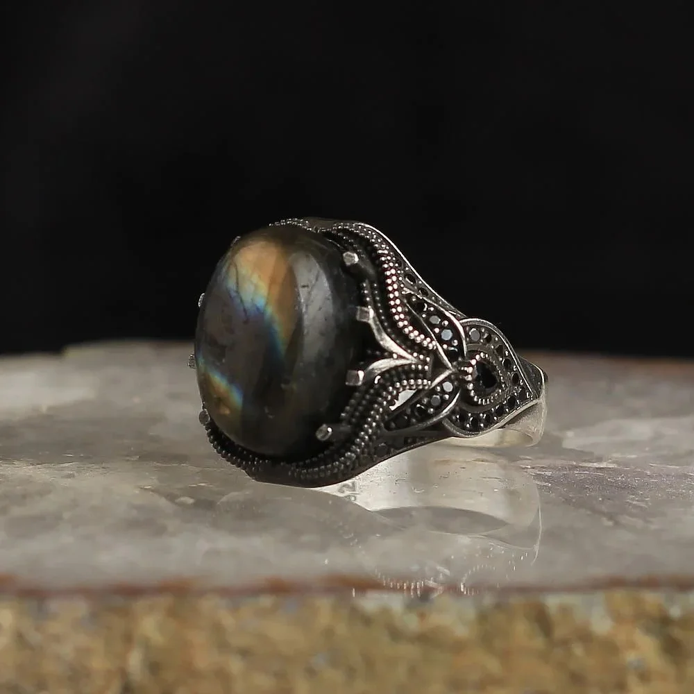 Pure Real 925 Sterling Silver Labradorite Natural Stone Ring Men High quality Jewelry Retro Fashion Vintage Handmade Gift