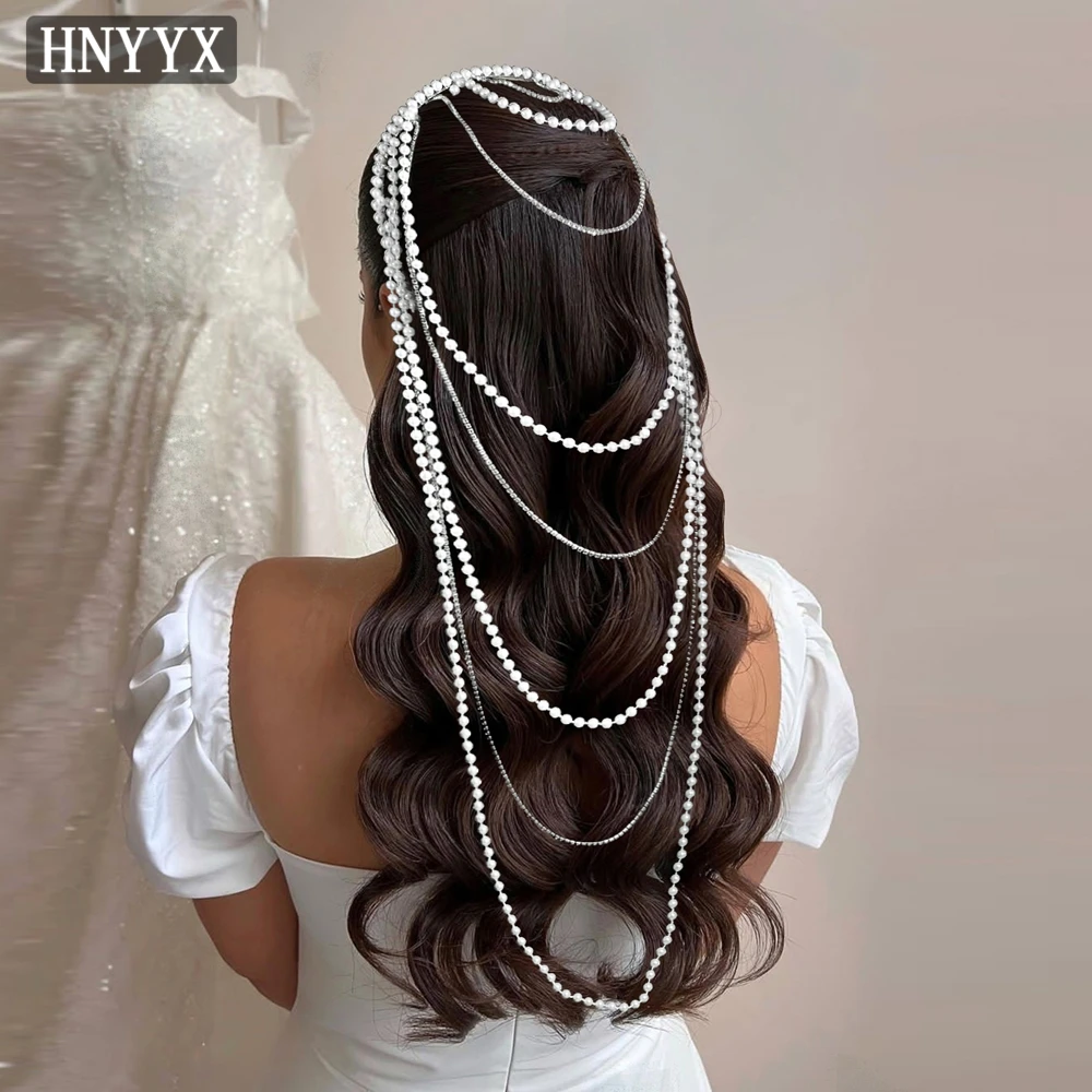 HNYYX Fashion Pearls Long Chain Headband Elegant Rhinestone Tassel Headwear Popular Headpiece Wedding Hair Accessories  A09