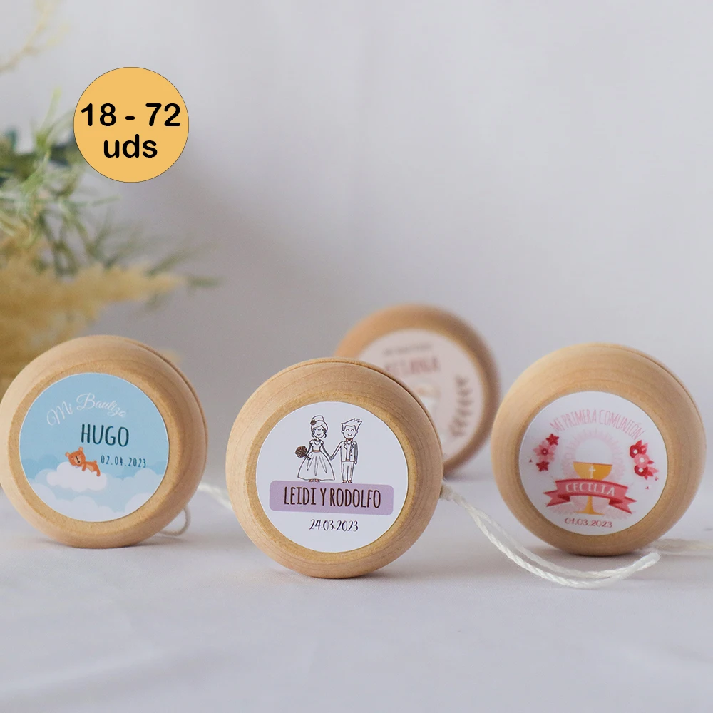 Lot 18 to 72 PCs Custom Wooden Yoyo Personalized Stickers Communion Details Guest Christening Memories Wedding Details Guest Personalized Gifts Gift Store