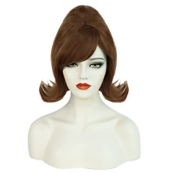 Synthetic Brown Womens 60s Retro Beehive Wigs, 70s Pinup Pelucas Short Flip Wig for Halloween Party Wig