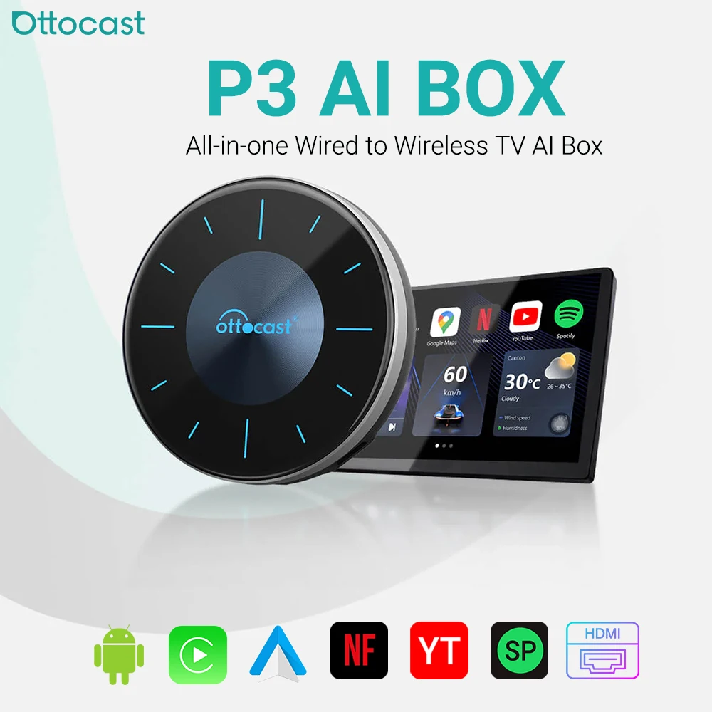 OTTOCAST P3 OttoAibox Wireless Android Auto CarPlay AI Box per uscita HDMI TV Video GPS Accessori auto per VW Toyota Haval Audi