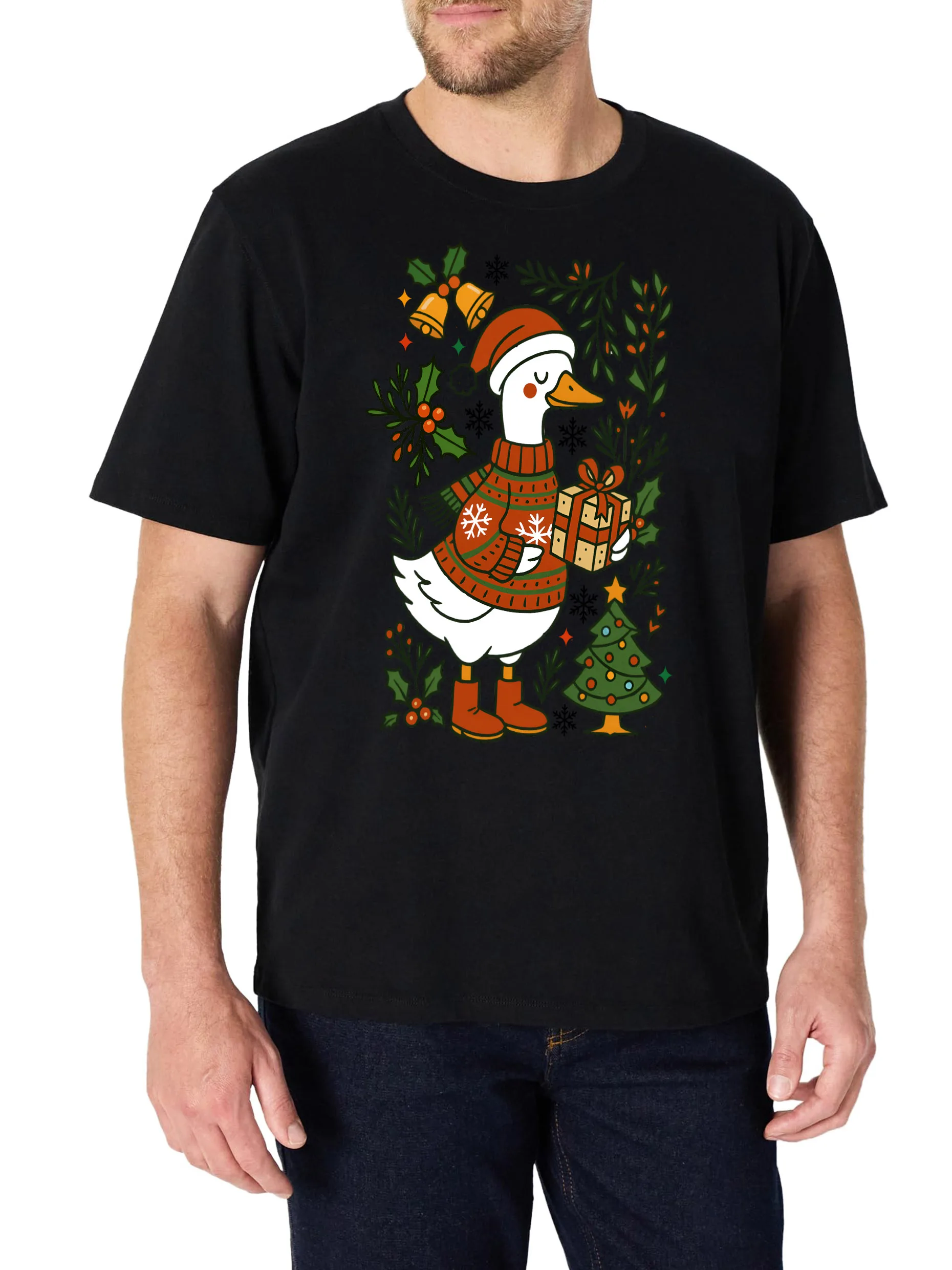 

Men's T-Shirt with Christmas Goose Print Design, Black Short Sleeve Crew Neck, 100% Cotton