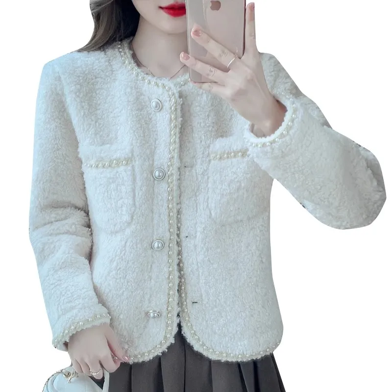 Fragrant Grain Short Coat Simple Round Neck Exquisite Button Solid Women Winter Warmth Jackets