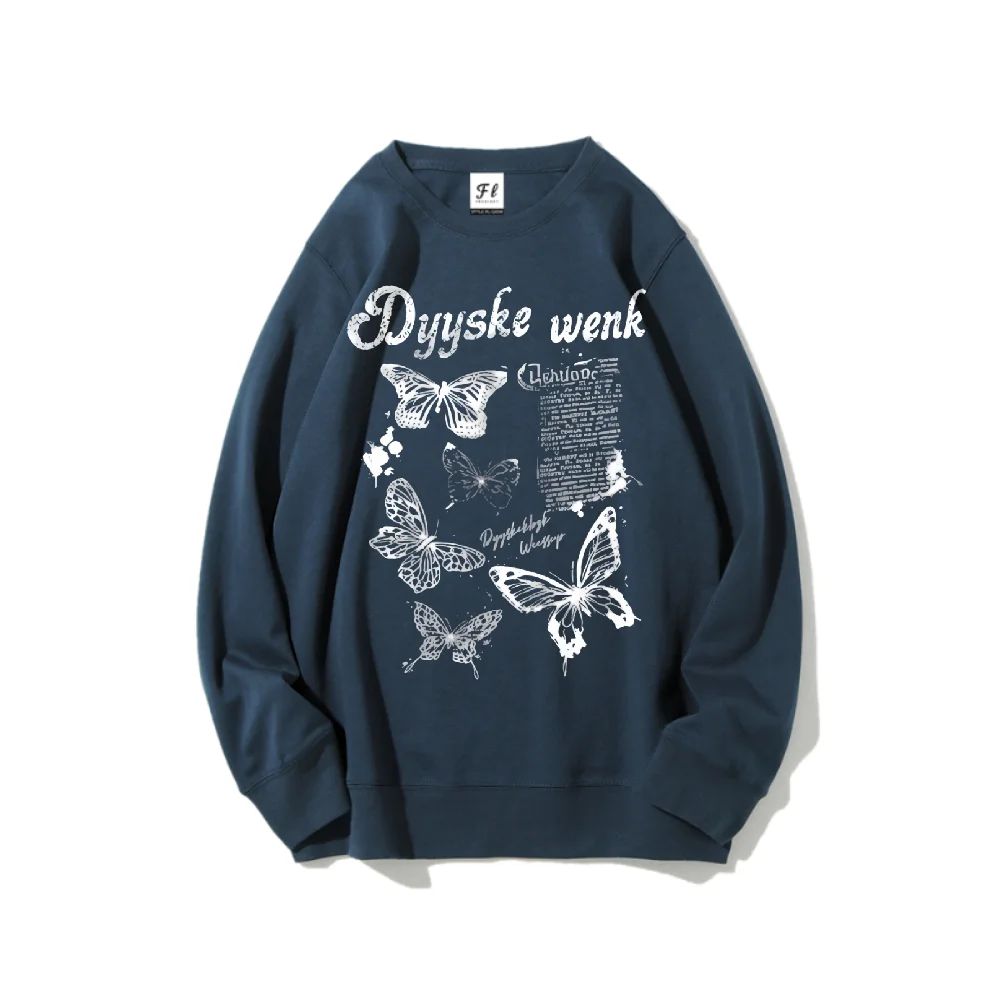 Bluza z długim rękawem w stylu retro z nadrukiem motyli, sloganem Dyyske Wenk, ocieplana, zimowa, ciepła, lekka, oddychająca, streetwear