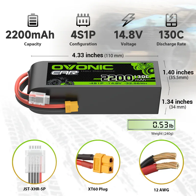 OVONIC 4S 2200mAh 130C 14.8V LiPo Battery XT60 Plug 2 Pack for 1/10 RC Truck Car