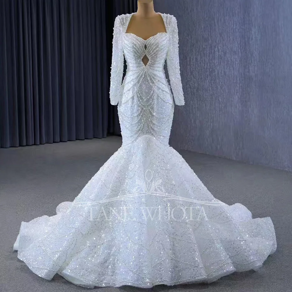 

Lace Sheath Bridal Dresses With Long Sleeves Sweetheart Beading Sequined Design Customizable Wedding Dress For Brides