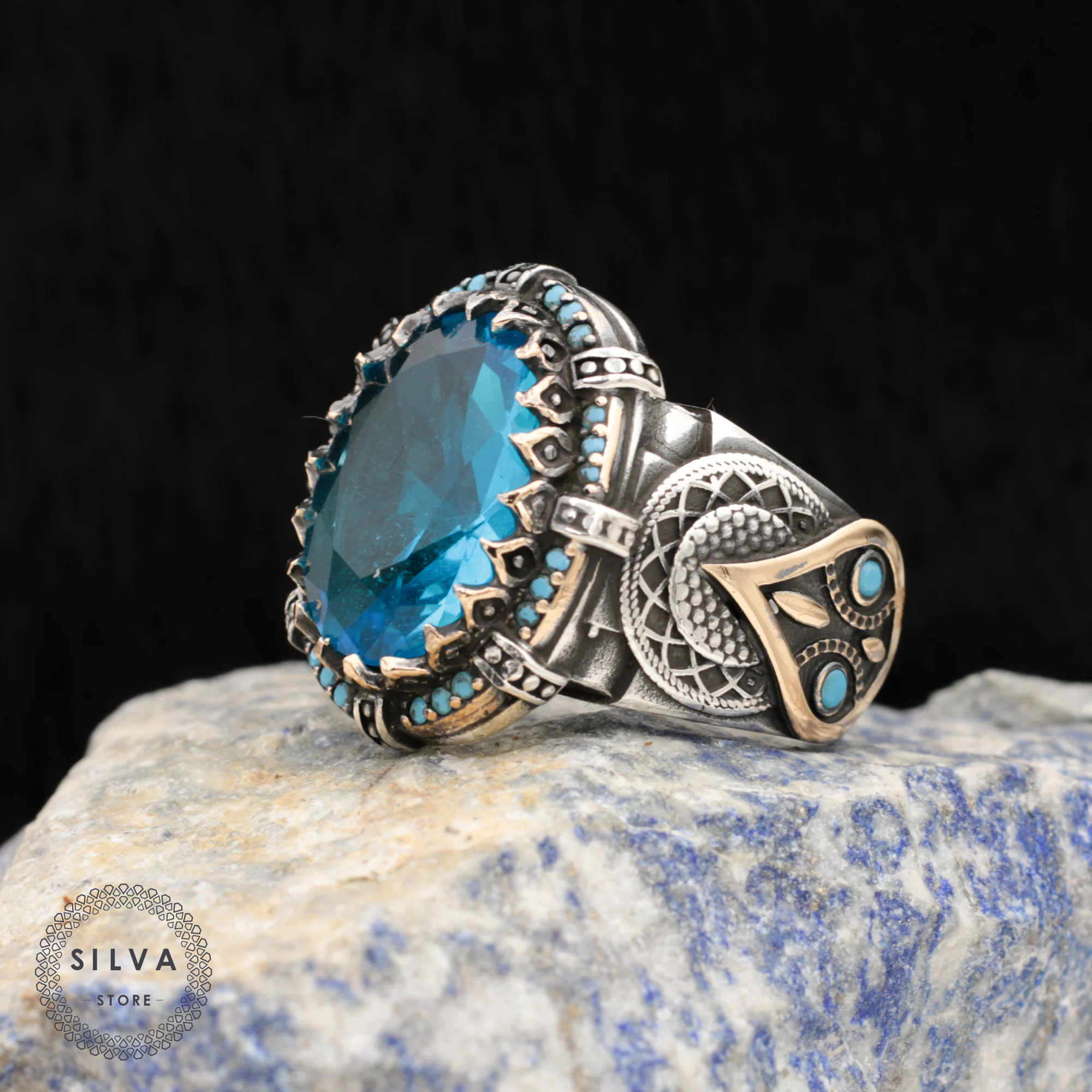 Original 925 Silver Men's Ring With Aquamarine Zircon Stone Turkish Man Jewellery Male Gift All Sizes Available