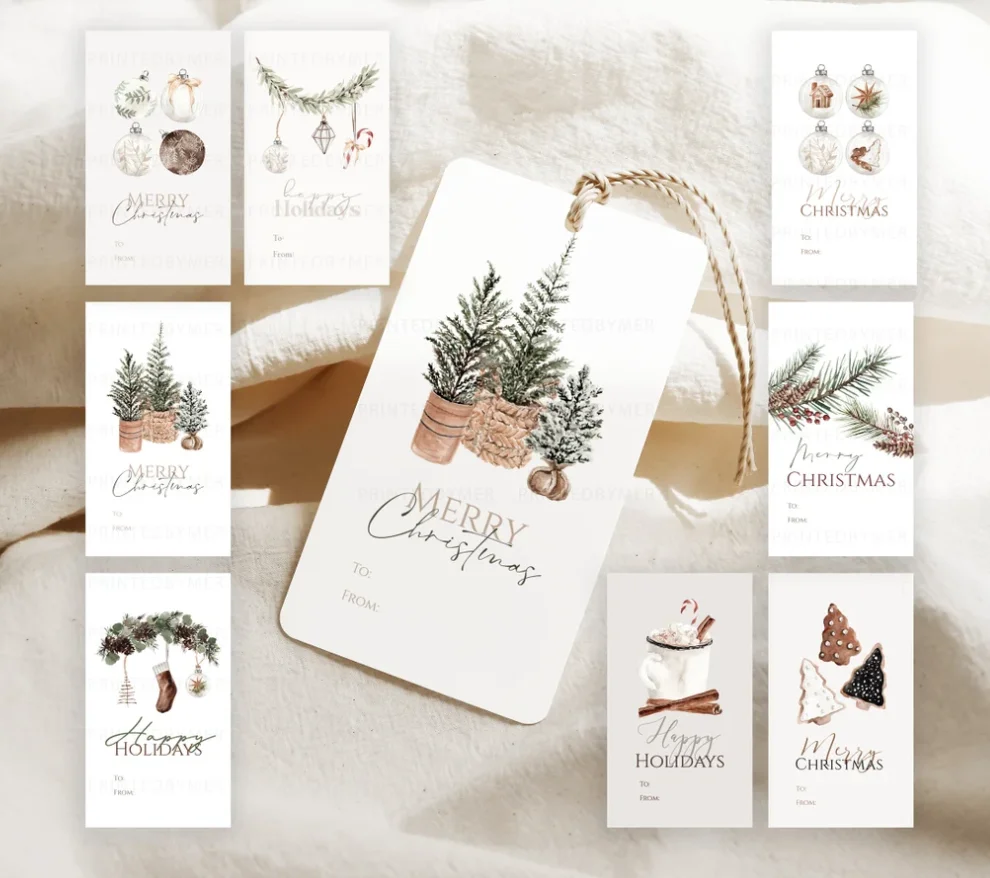 50pcs Printable Christmas Gift Tags Set of 8 | Christmas Tags | Boho Christmas | Cozy - Downloadable Editable