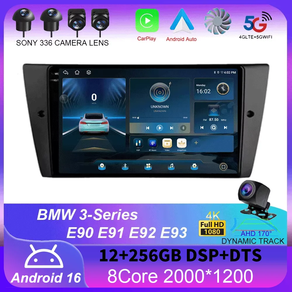 Android 16 CarPlay Auto para BMW Serie 3 E90 E91 E92 E93, Radio para Auto, Reproductor Multimedia de Video, GPS, Estéreo, Unidad Principal 2 DIN, DVD