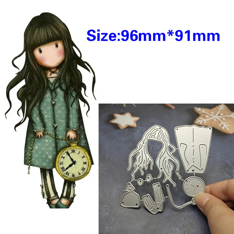 Cute Girl Hold A Clock Metal Cutting Dies for 2024 New Arrival DIY Scrapbooking Princess Stencils Card Making