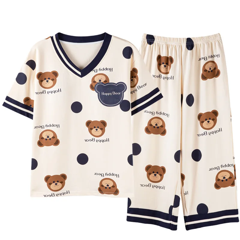 [With chest pad] Cotton women's short-sleeved cartoon bear anti-bump suit can be worn outside the home wear