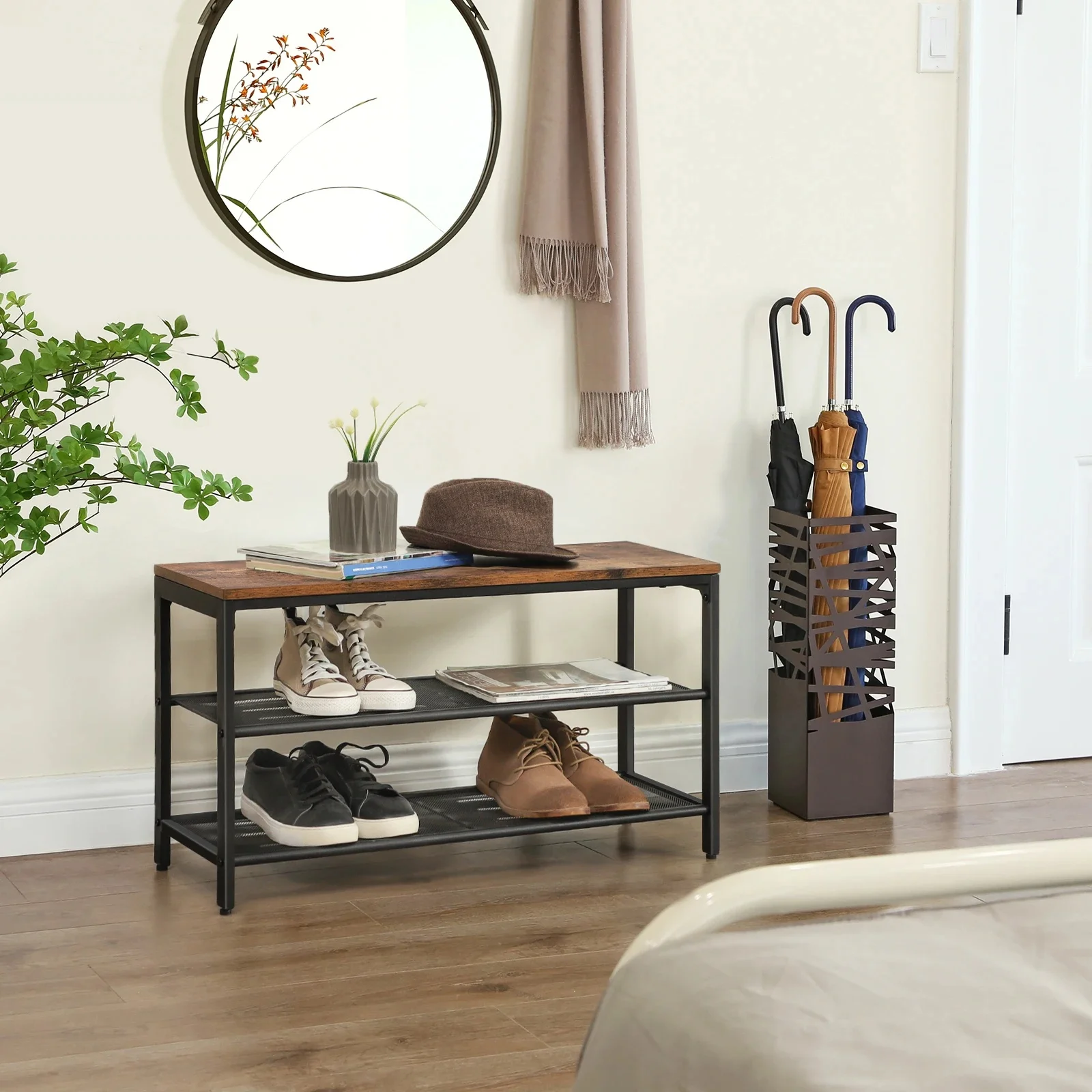 VASAGLE Schuhbank, 80 x 30 x 44,5 cm, Schuhschrank mit 2 Ebenen aus Netzstoff, Schuhregal, für Eingangsbereich